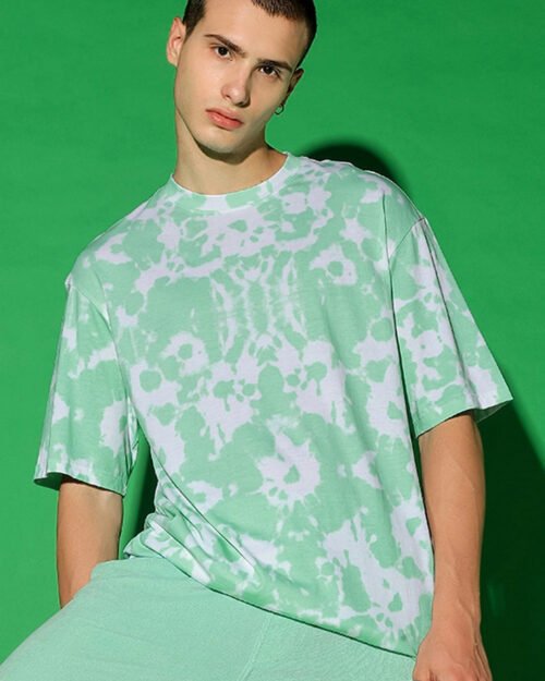 Men's Green & White Tie & Dye Oversized T-shirt - Image 2