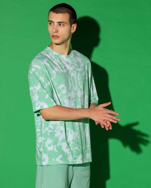 Men's Green & White Tie & Dye Oversized T-shirt - Image 5