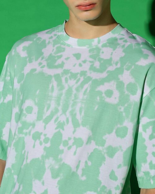 Men's Green & White Tie & Dye Oversized T-shirt